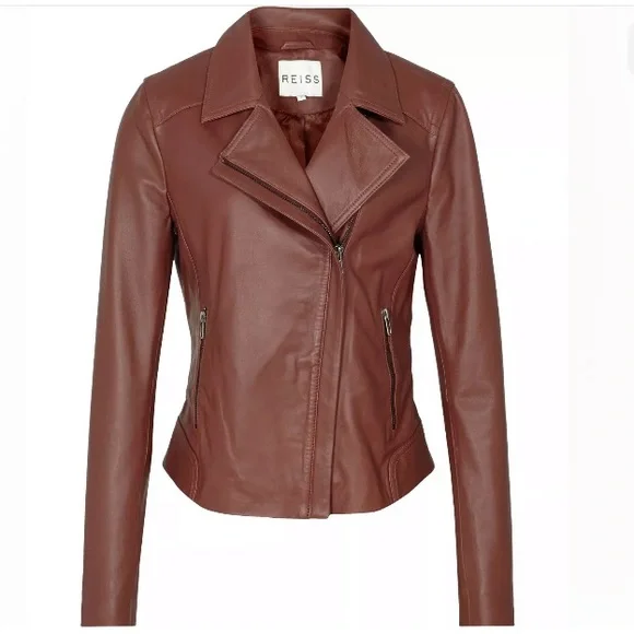 Reiss Cognac Brown Banksy Leather Biker Jacket - Picture 2 of 12
